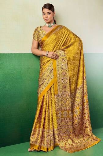 YELLOW modal satin printed saree with matching blouse