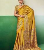 YELLOW modal satin printed saree with matching blouse