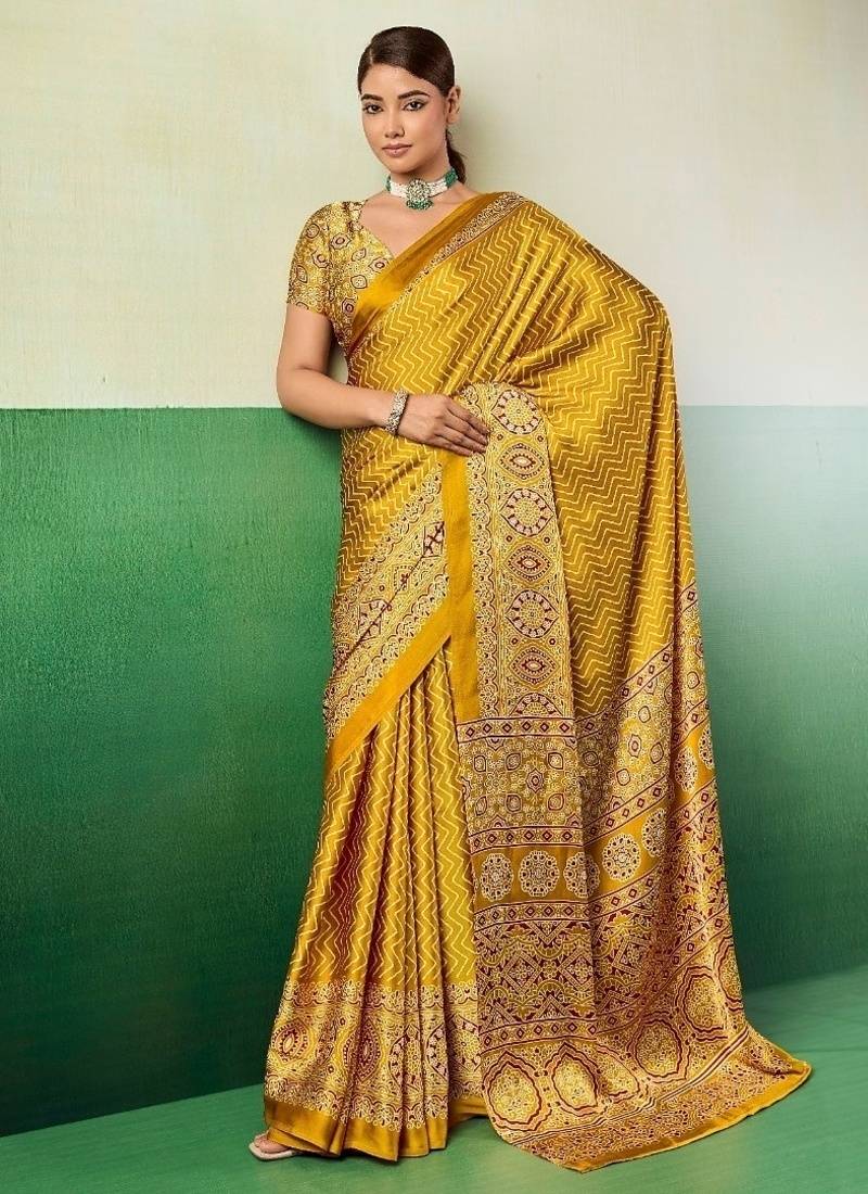 YELLOW modal satin printed saree with matching blouse
