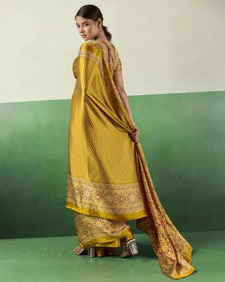 YELLOW modal satin printed saree with matching blouse 2