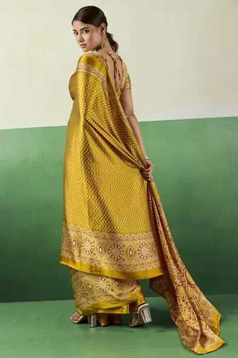 YELLOW modal satin printed saree with matching blouse