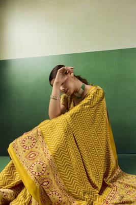 YELLOW modal satin printed saree with matching blouse 3