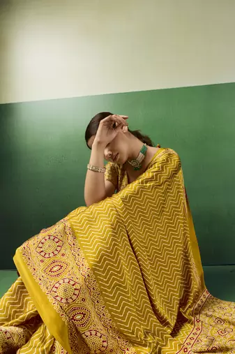 YELLOW modal satin printed saree with matching blouse