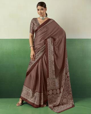 BROWN modal satin printed saree with matching blouse 1