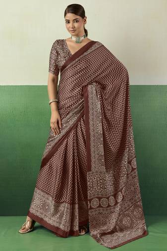 BROWN modal satin printed saree with matching blouse