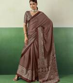 BROWN modal satin printed saree with matching blouse