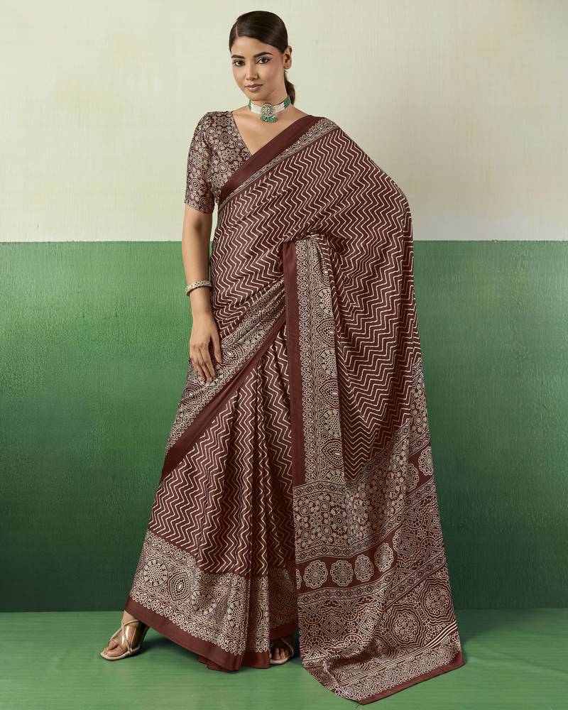 BROWN modal satin printed saree with matching blouse