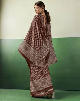 BROWN modal satin printed saree with matching blouse 2