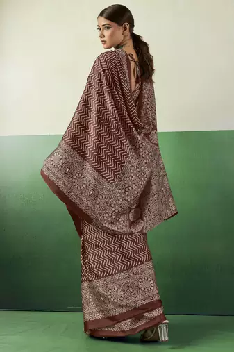 BROWN modal satin printed saree with matching blouse