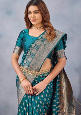 Turquoise silk blend banarasi saree with unstitched blouse piece 6