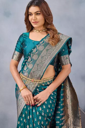 Turquoise silk blend banarasi saree with unstitched blouse piece