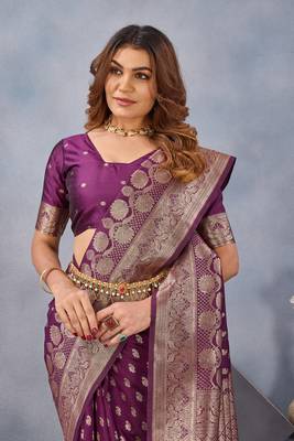 Wine silk blend banarasi saree with unstitched blouse piece 6