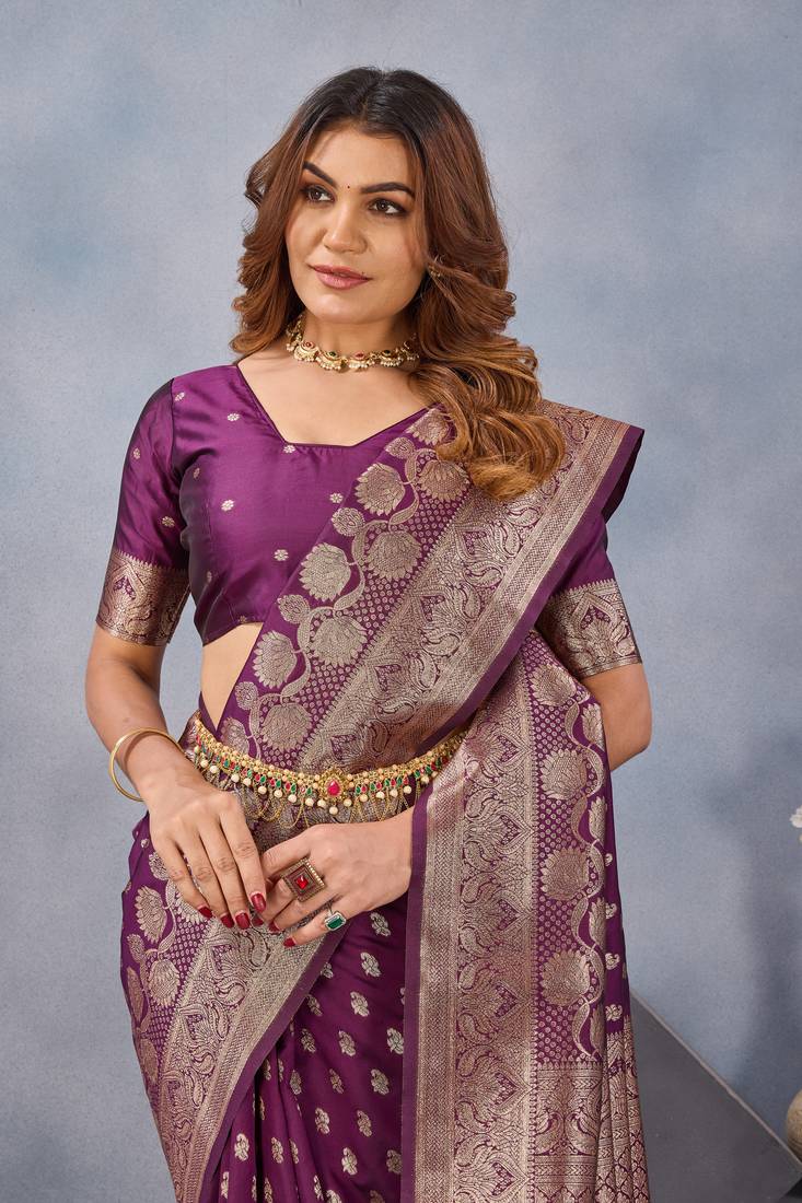 Wine silk blend banarasi saree with unstitched blouse piece