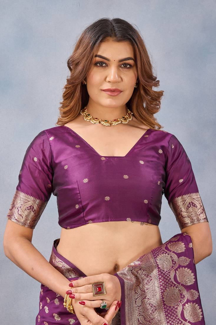Wine silk blend banarasi saree with unstitched blouse piece