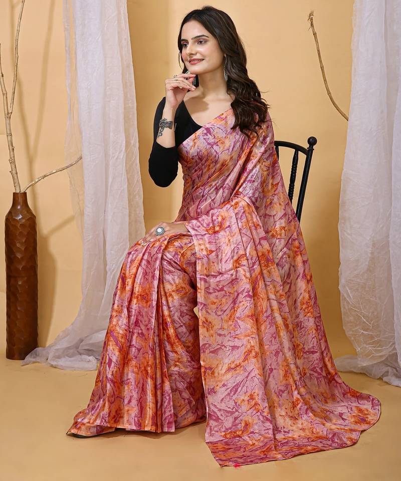 Multicolor nylon  printed ready to wear saree with un-stitched blouse