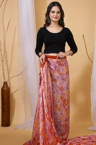 multicolor nylon printed pre draped saree with un-stitched blouse