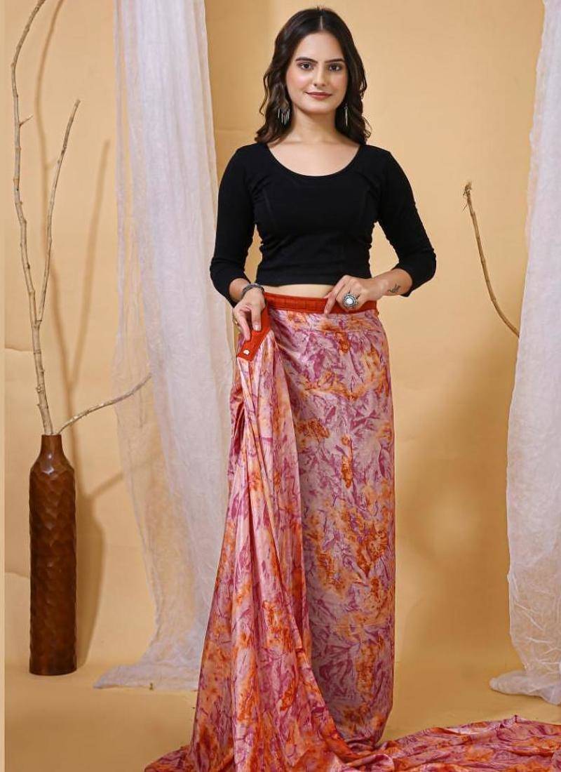Multicolor nylon  printed ready to wear saree with un-stitched blouse