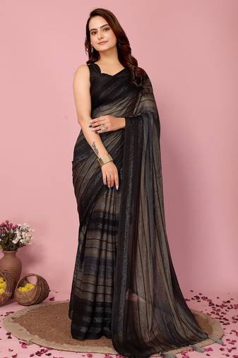 Black-multicolor nylon  pre stitch one minute ready to wear saree with un-stitch blouse