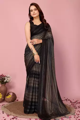 Black-multicolor nylon  pre stitch one minute ready to wear saree with un-stitch blouse