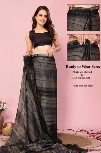 black-multicolor nylon pre stitch one minute ready made saree