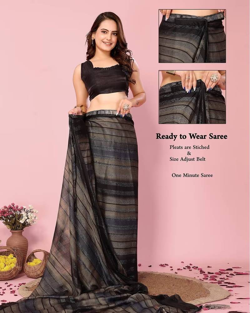 Black-multicolor nylon  pre stitch one minute ready to wear saree with un-stitch blouse