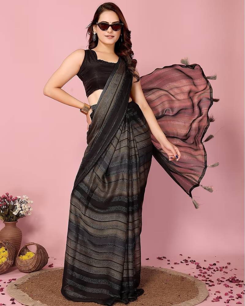 Black-multicolor nylon  pre stitch one minute ready to wear saree with un-stitch blouse