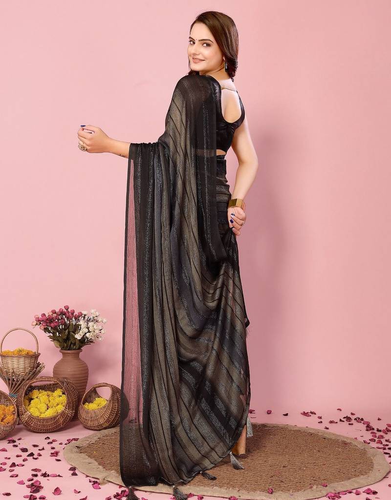 Black-multicolor nylon  pre stitch one minute ready to wear saree with un-stitch blouse