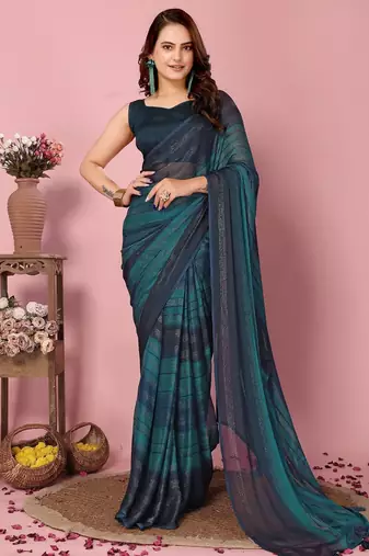Teal  blue-multicolor nylon  pre stitch one minute ready to wear saree with un-stitch blouse