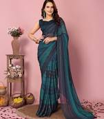 Teal  blue-multicolor nylon  pre stitch one minute ready to wear saree with un-stitch blouse