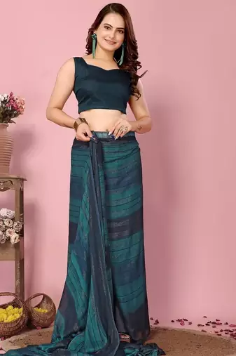teal blue-multicolor nylon pre stitch one minute pre-stitched saree