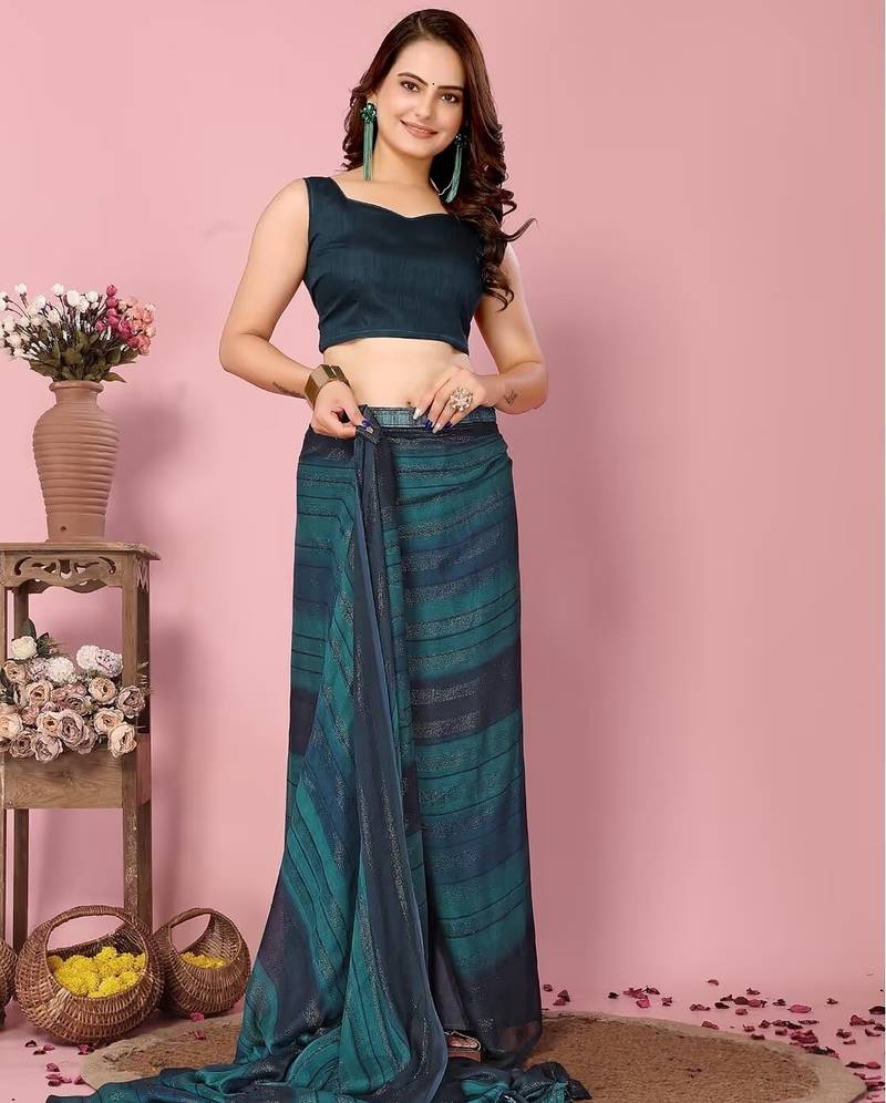 Teal  blue-multicolor nylon  pre stitch one minute ready to wear saree with un-stitch blouse