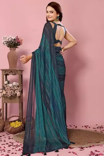 teal blue-multicolor nylon pre stitch one minute pre-stitched saree