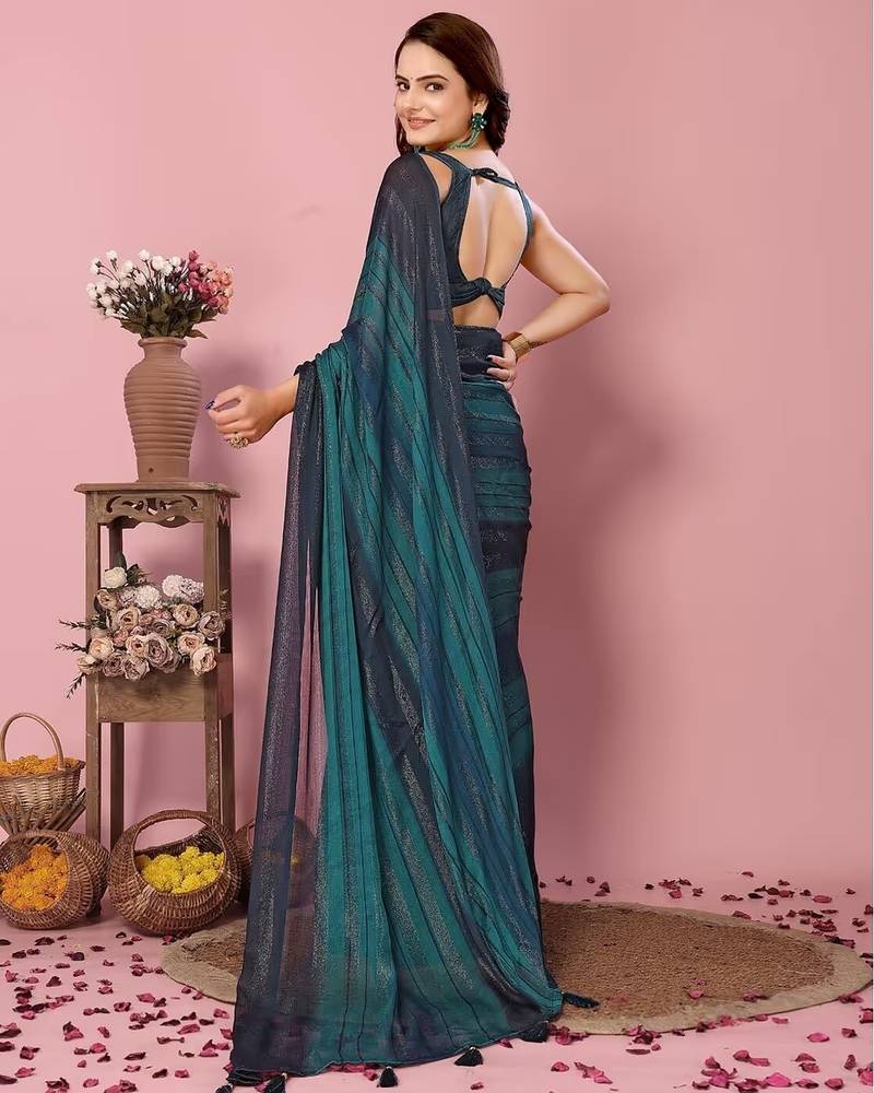 Teal  blue-multicolor nylon  pre stitch one minute ready to wear saree with un-stitch blouse