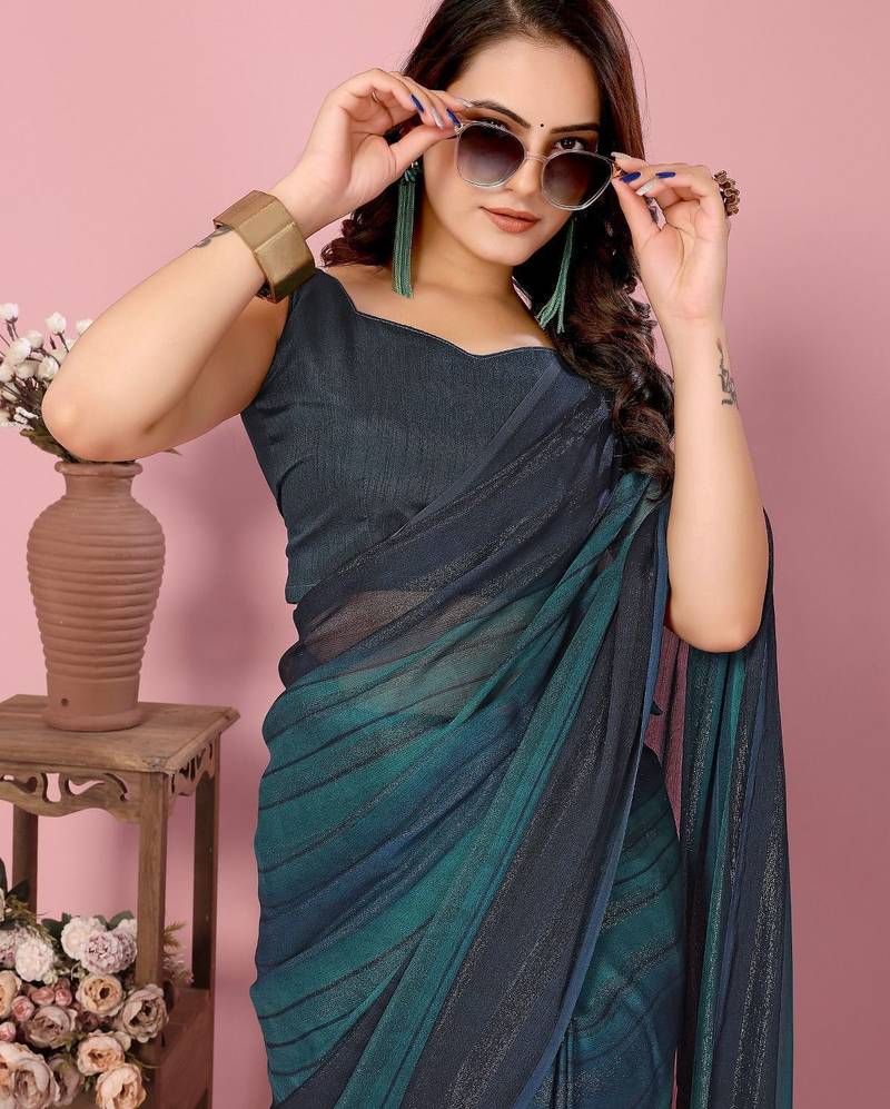 Teal  blue-multicolor nylon  pre stitch one minute ready to wear saree with un-stitch blouse