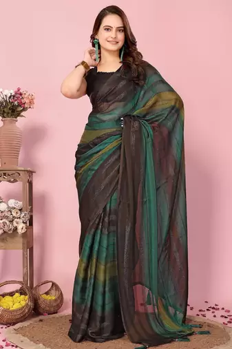 Green-multicolor nylon  pre stitch one minute ready to wear saree with un-stitch blouse