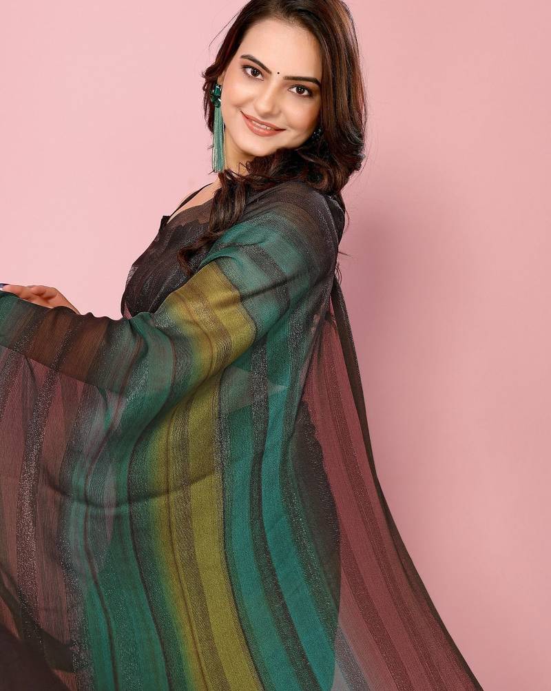 Green-multicolor nylon  pre stitch one minute ready to wear saree with un-stitch blouse