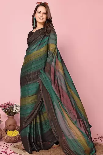 green-multicolor nylon pre stitch one minute ready to wear saree