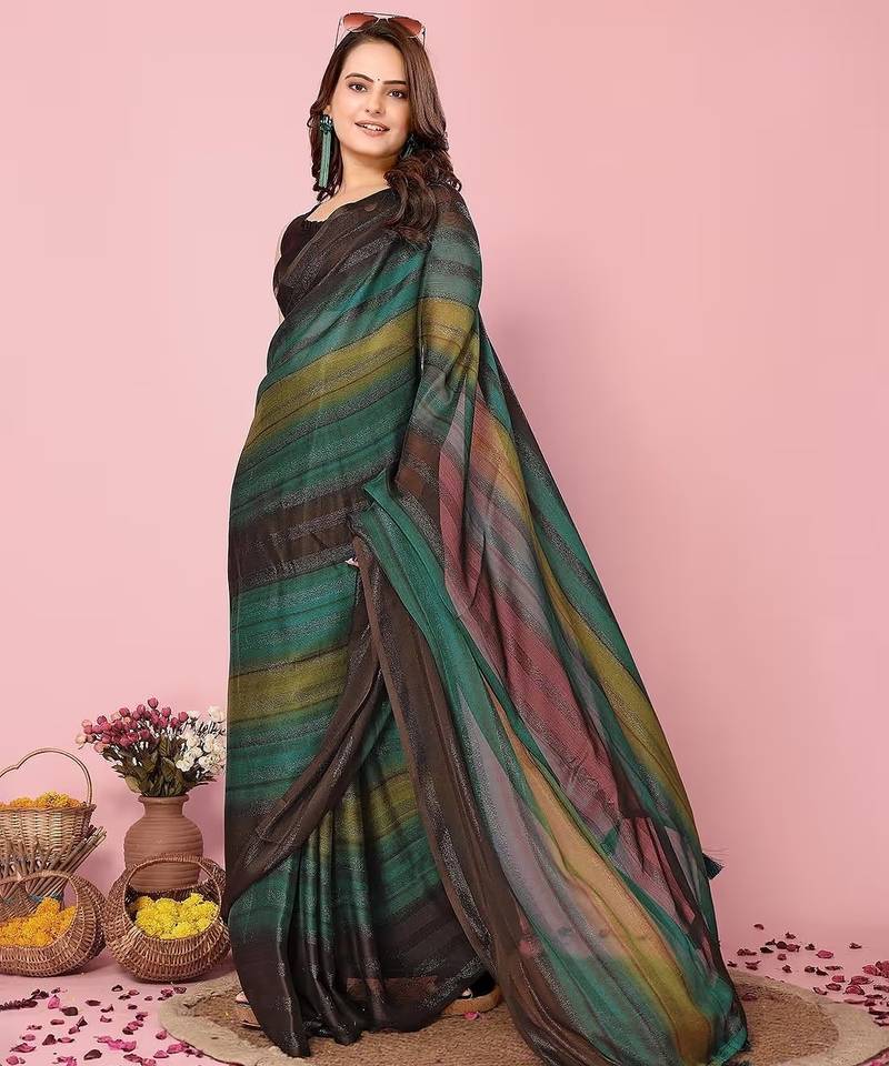 Green-multicolor nylon  pre stitch one minute ready to wear saree with un-stitch blouse