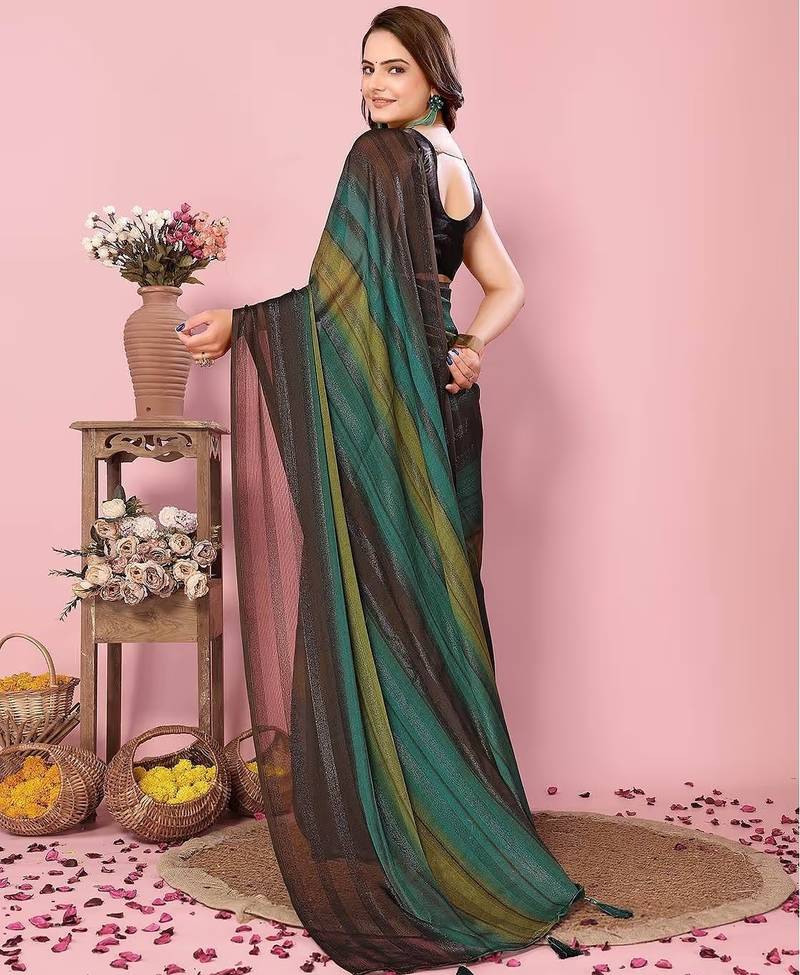 Green-multicolor nylon  pre stitch one minute ready to wear saree with un-stitch blouse