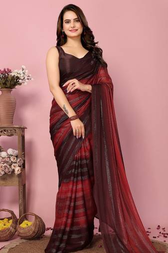 Maroon-multicolor nylon  pre stitch one minute ready to wear saree with un-stitch blouse