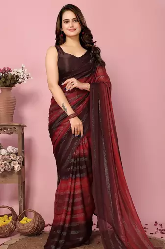 Maroon-multicolor nylon  pre stitch one minute ready to wear saree with un-stitch blouse
