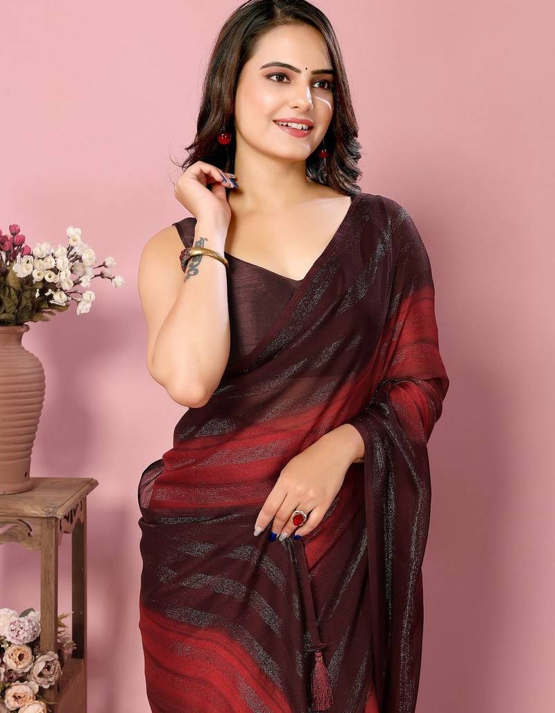 Maroon-multicolor nylon  pre stitch one minute ready to wear saree with un-stitch blouse
