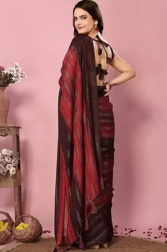 maroon-multicolor nylon pre stitch one minute pre draped saree