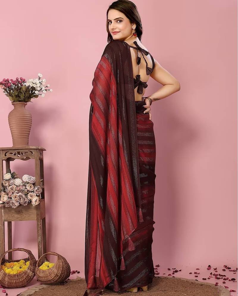 Maroon-multicolor nylon  pre stitch one minute ready to wear saree with un-stitch blouse