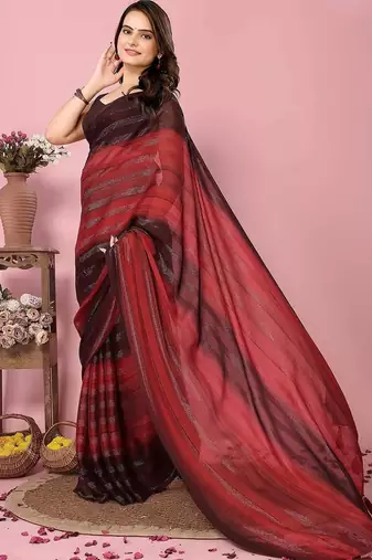 maroon-multicolor nylon pre stitch one minute pre draped saree