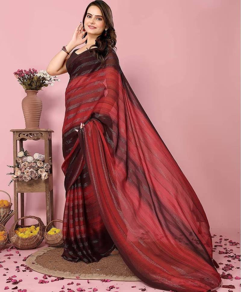Maroon-multicolor nylon  pre stitch one minute ready to wear saree with un-stitch blouse