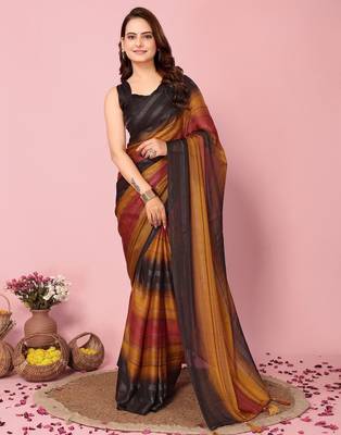 musturd-multicolor nylon pre stitch one minute ready made saree 1