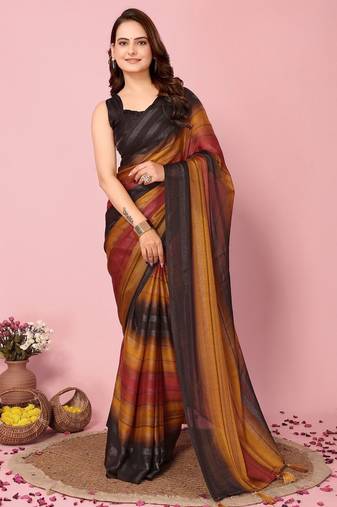 Musturd-multicolor nylon  pre stitch one minute ready to wear saree with un-stitch blouse