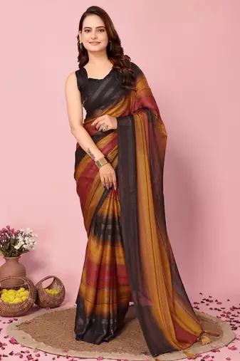 Musturd-multicolor nylon  pre stitch one minute ready to wear saree with un-stitch blouse