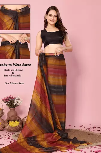 musturd-multicolor nylon pre stitch one minute ready made saree